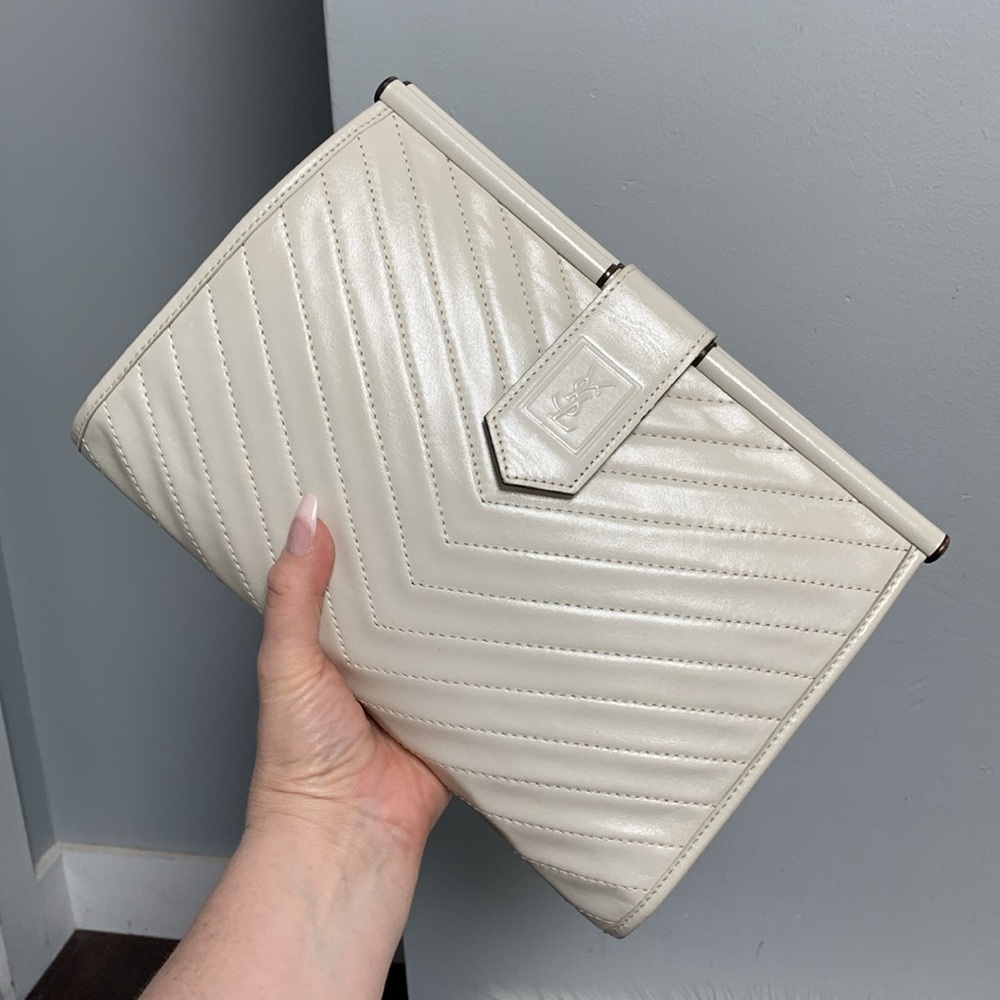 Authentic YSL white leather large clutch with dustbag